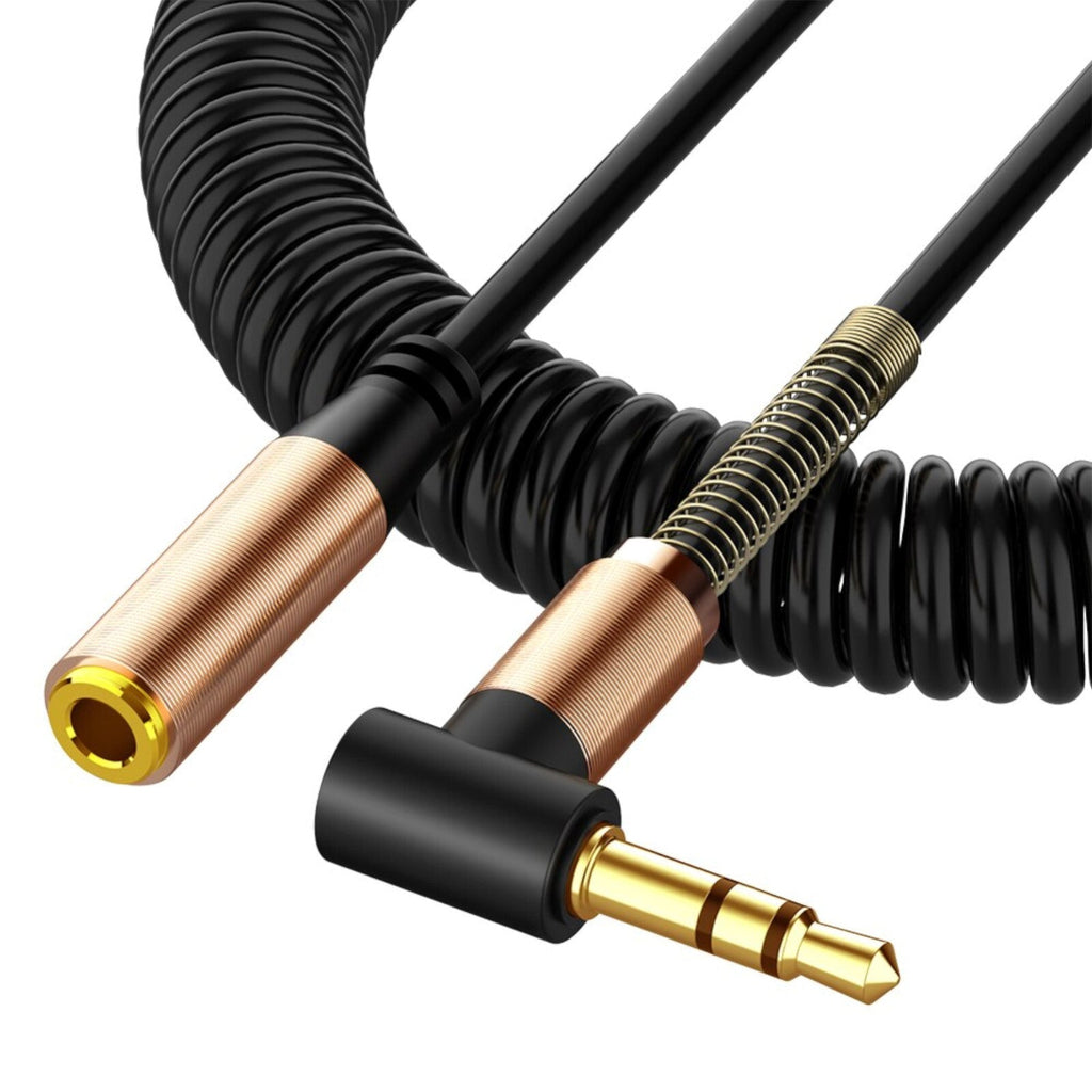 Schwarzes 3,5-mm-Spiral-Verlängerungskabel mit Winkelstecker