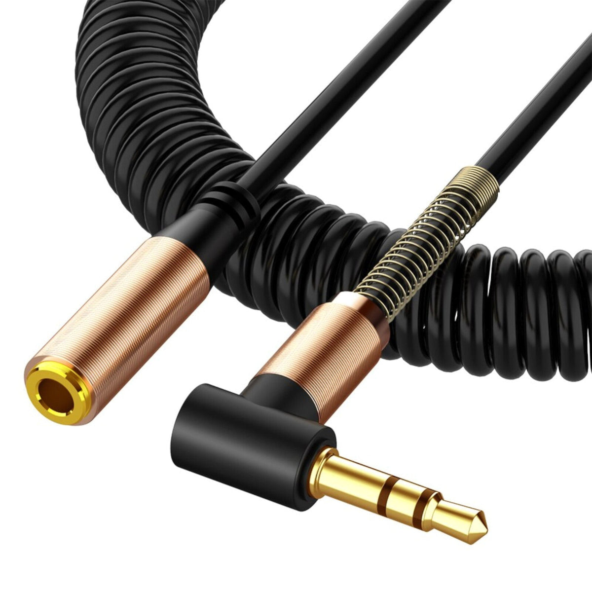 Schwarzes 3,5-mm-Spiral-Verlängerungskabel mit Winkelstecker