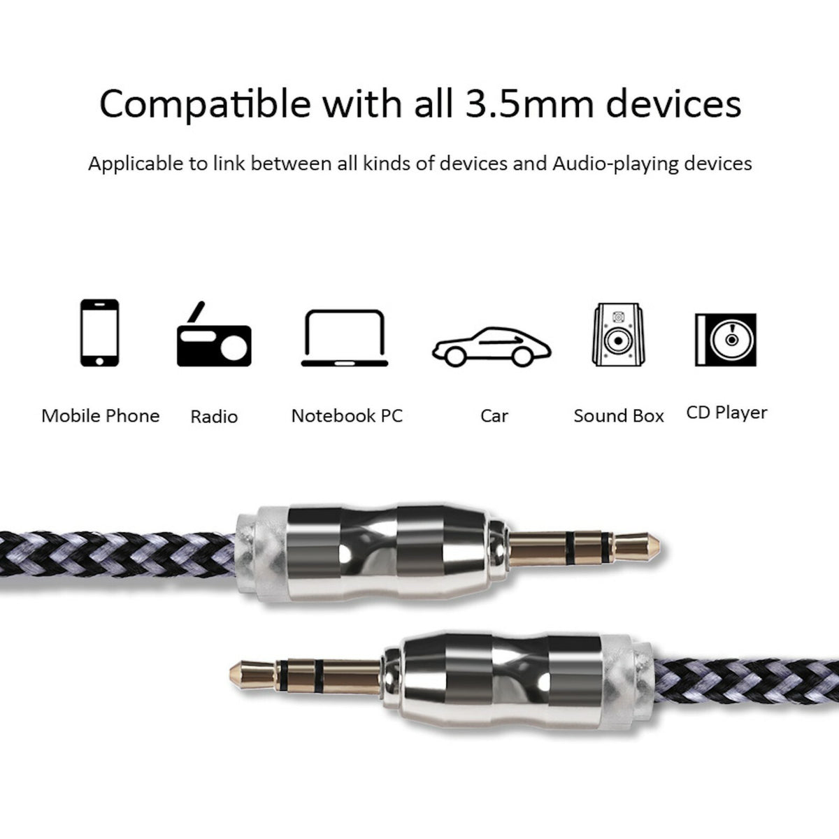 Premium Stereo Kopfhörer Anschlusskabel Nylon 1m 3,5mm Klinke Stecker zu Stecker T2, kompatibel mit allen 3,5mm Geräten.