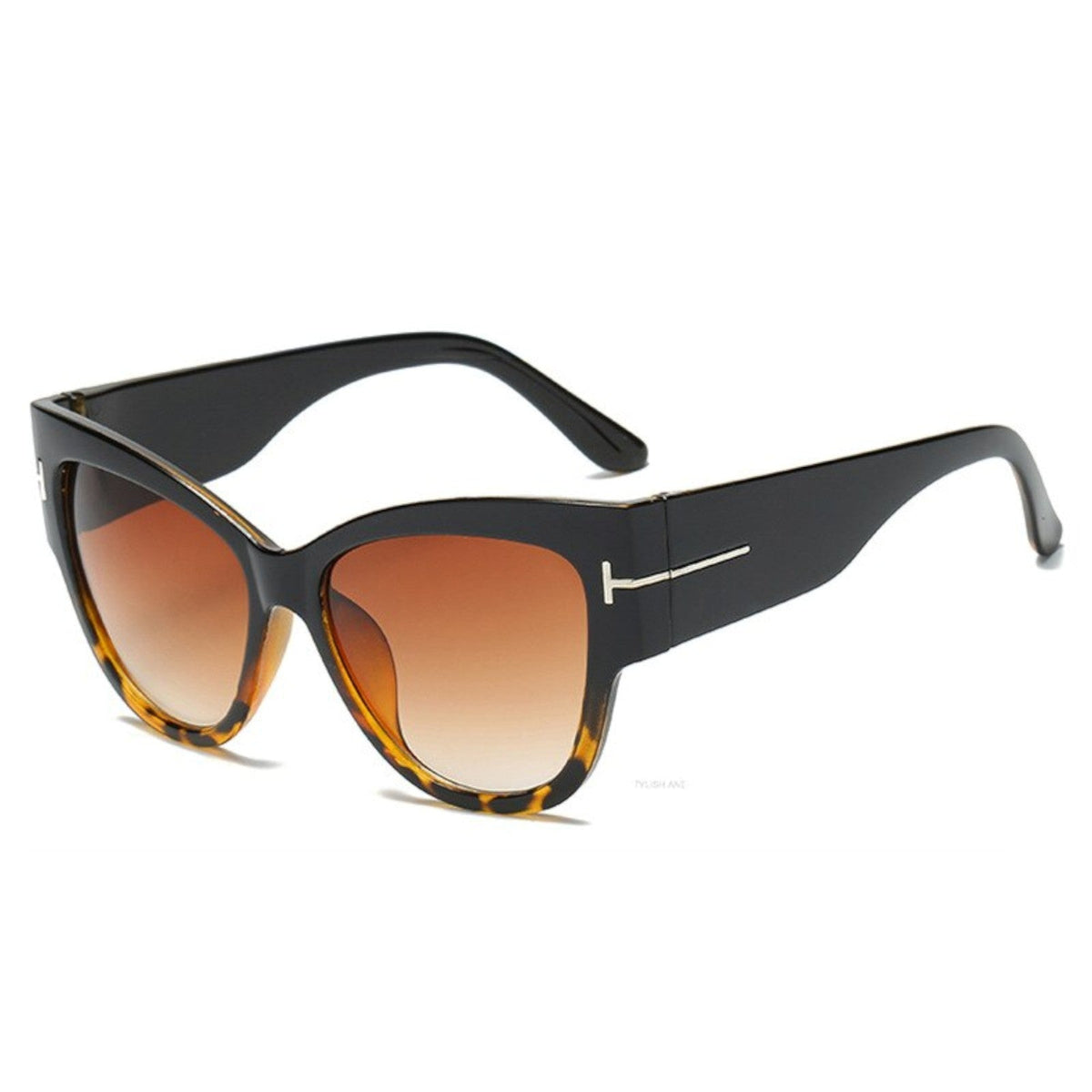 Oversized Cat-Eye-Sonnenbrille in Schwarz-Leopard mit braunen Gläsern