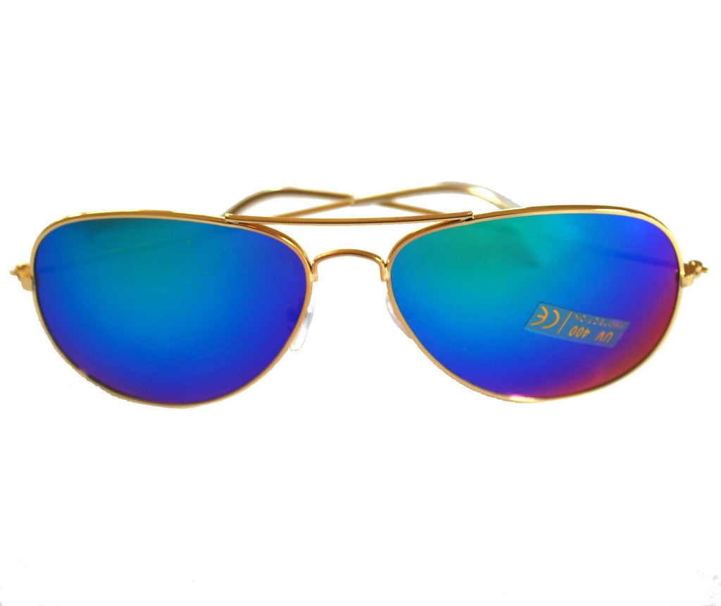 Goldene Piloten-Sonnenbrille mit grünblauen Spiegelgläsern