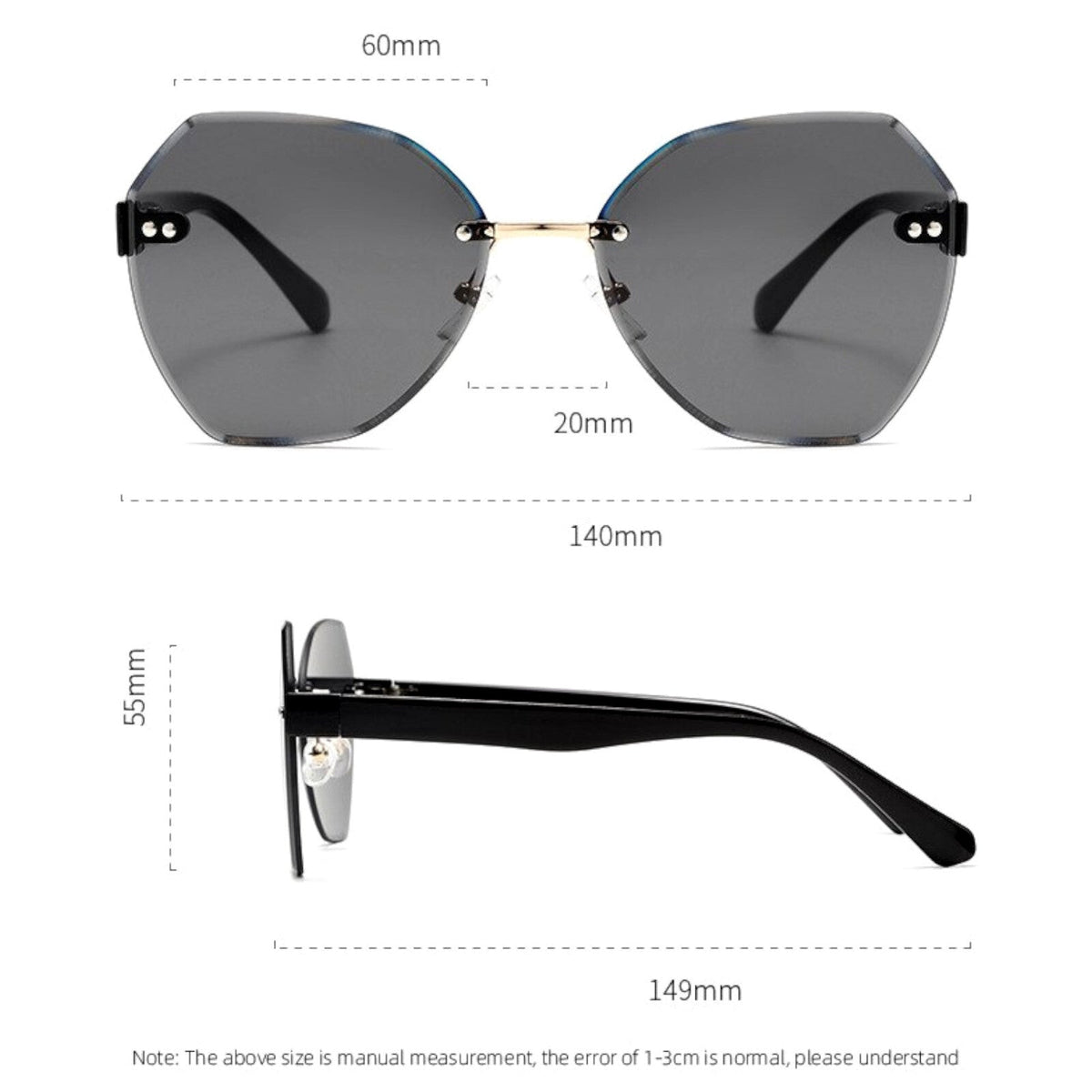 Ovale rahmenlose Designer-Sonnenbrille Schwarz-Grau