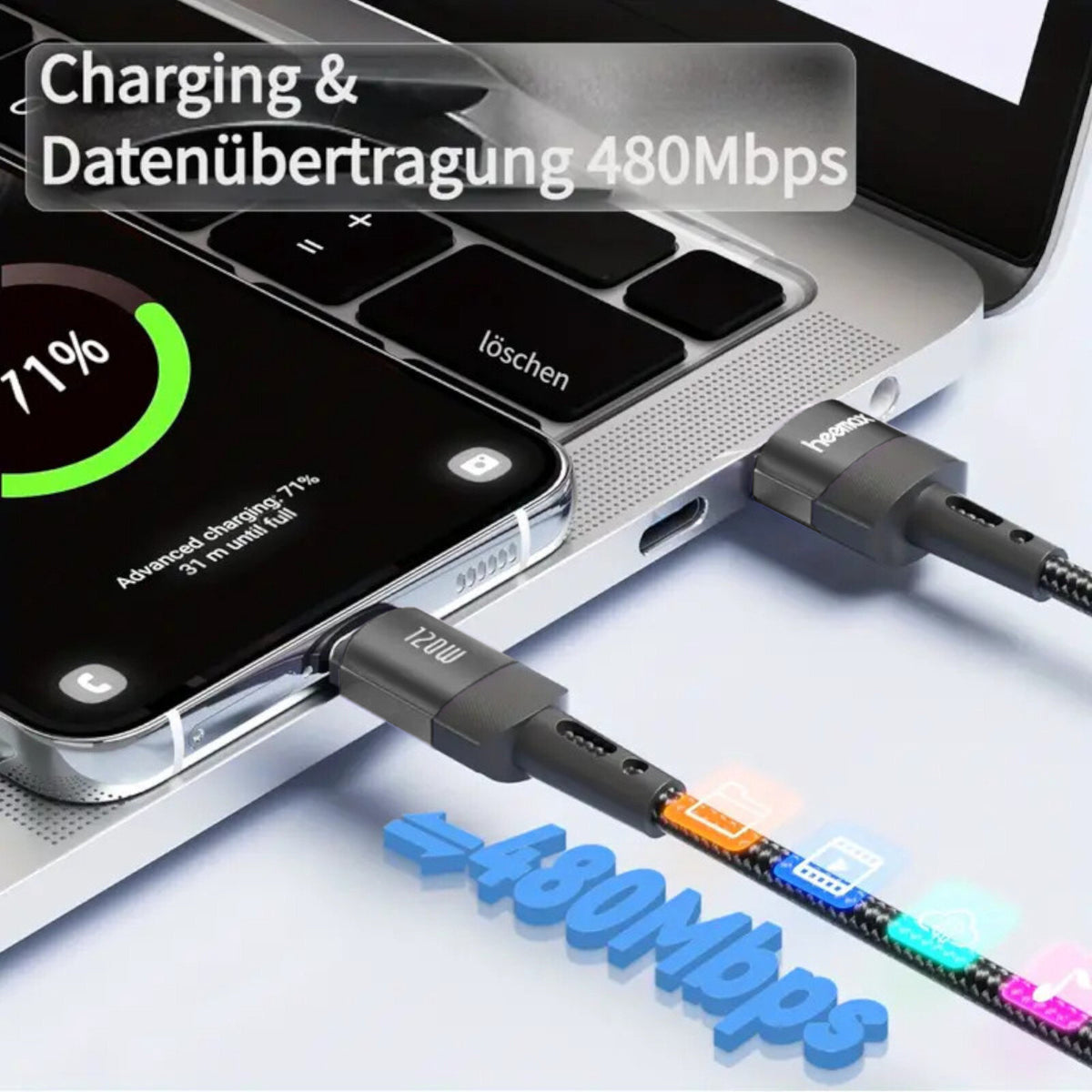 7A 120W 1m Heemax Schnell Ladekabel USB A zu Typ C Daten Handy Nylon schwarz - 3KShop.de