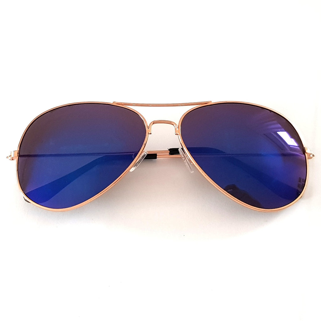 Kupferfarbene Piloten-Sonnenbrille mit blauen Spiegelgläsern