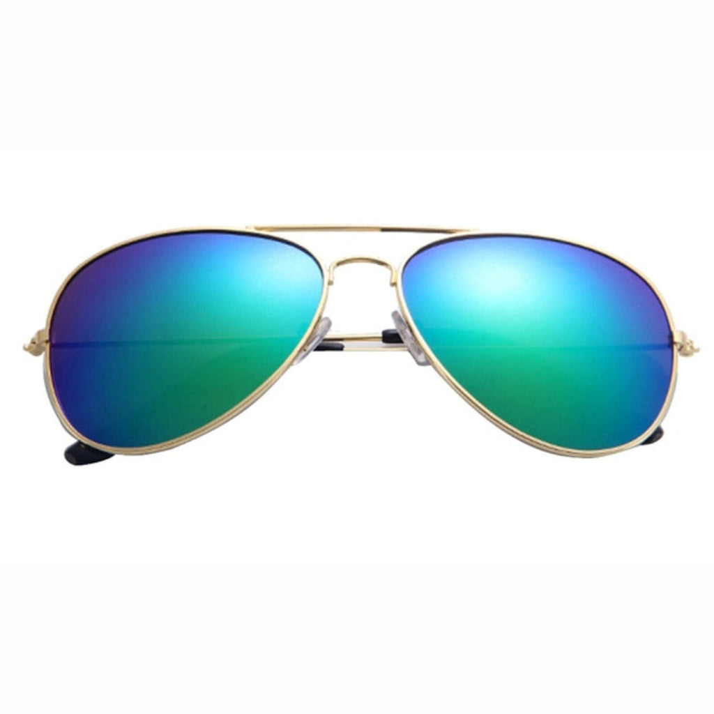 Goldene Piloten-Sonnenbrille mit blaugrünen Spiegelgläsern