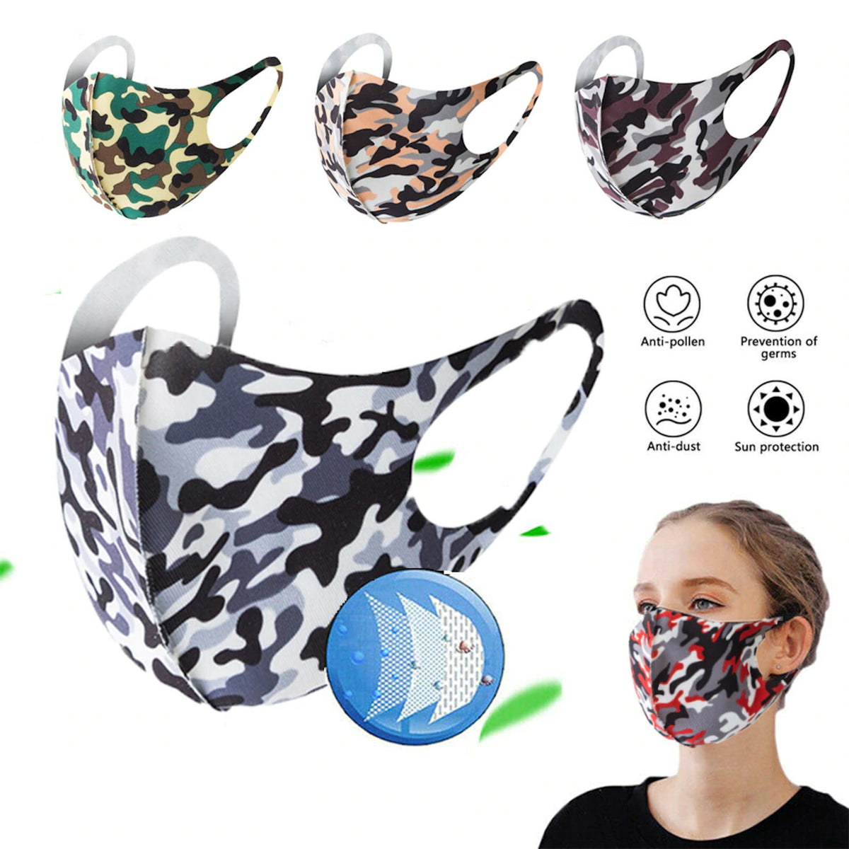 5 x Mundschutz Behelf-Mund-Nasen-Atem-Schutz Maske Waschbar Camouflage - 3KShop.de