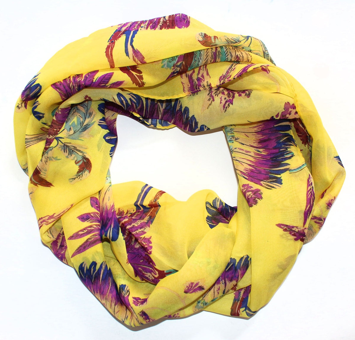 Wunderschoener Loop Schal Bunt Federn Gelb, tolle Farbtöne von ManuMar - 3KShop.de