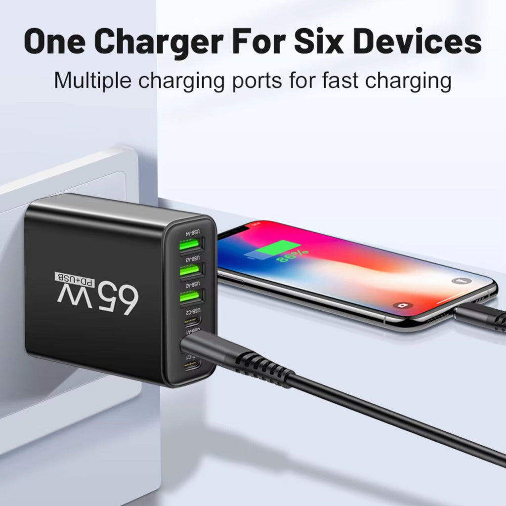 65-W-Schnellladegerät mit 6 USB-A- und USB-C-Ports