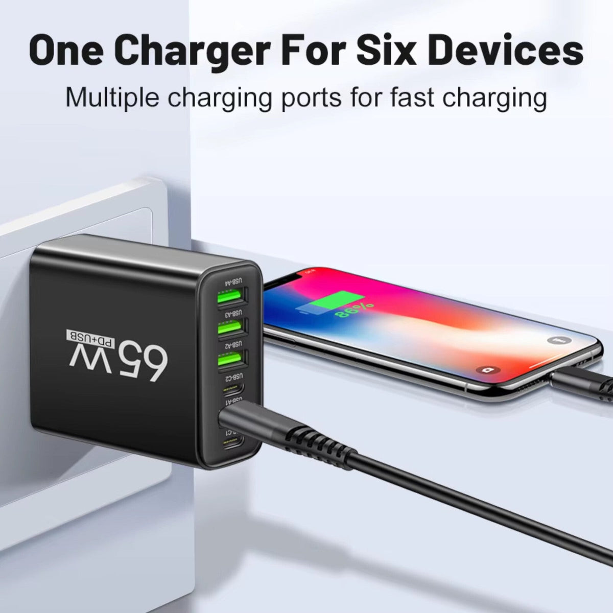 65-W-Schnellladegerät mit 6 USB-A- und USB-C-Ports