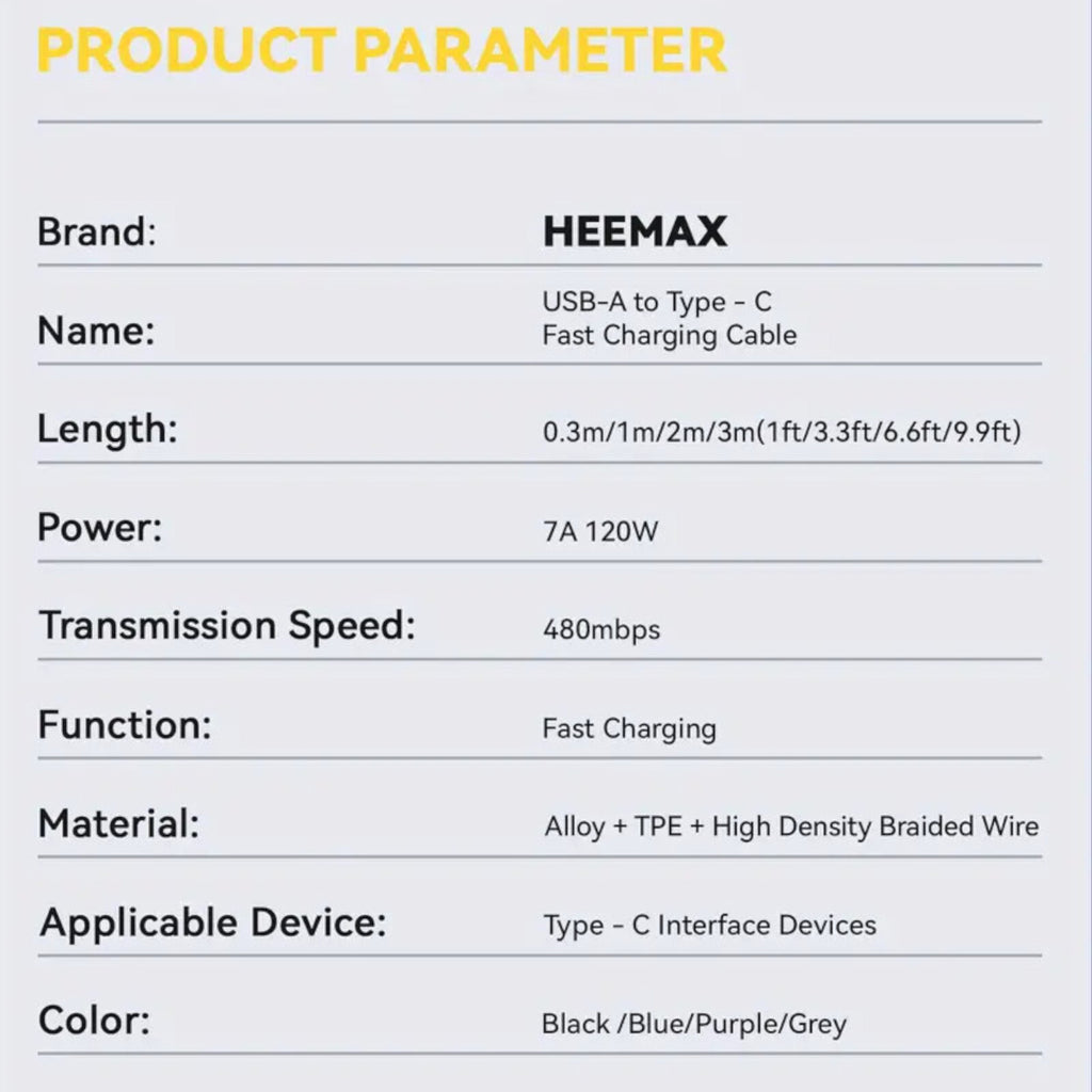 7A 120W 1m Heemax Schnell Ladekabel USB A zu Typ C Daten Handy Nylon schwarz - 3KShop.de