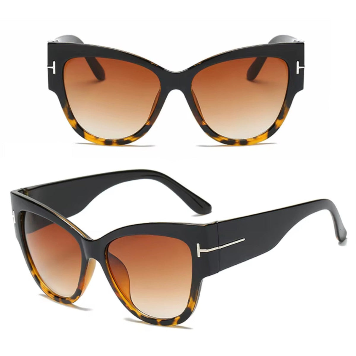 Oversized Cat-Eye-Sonnenbrille in Schwarz-Leopard mit braunen Gläsern