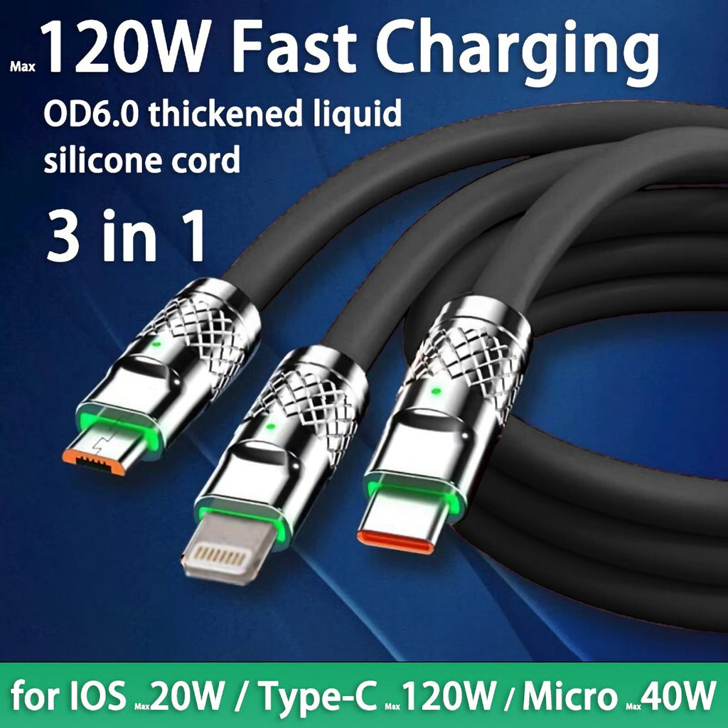 1,2m 3in1 USB Typ C, Micro USB, 6Pin Kabel Multi Micro Schnell Ladekabel schwarz - 3KShop.de