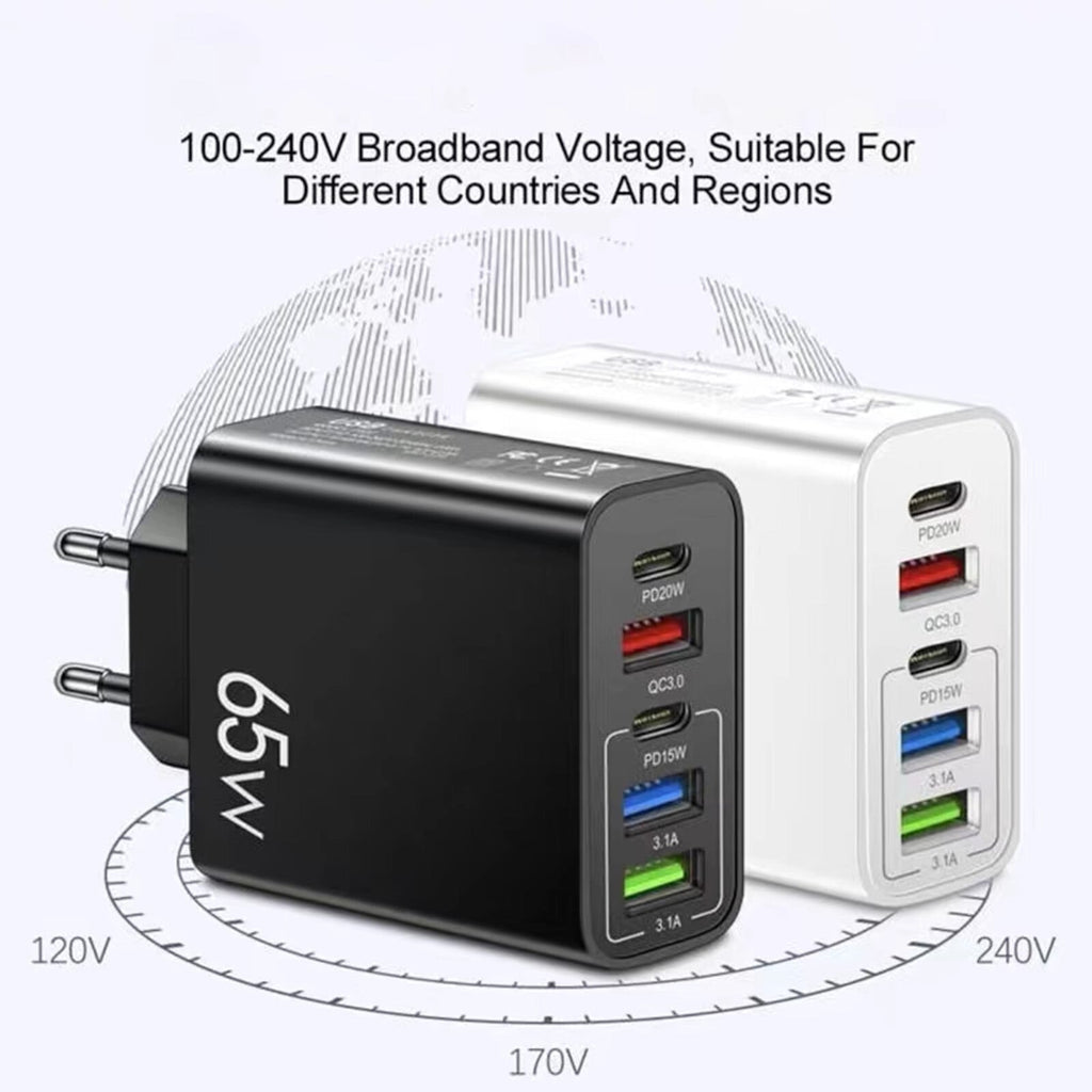 65-W-Schnellladegerät mit 5 USB-A- und USB-C-Ports