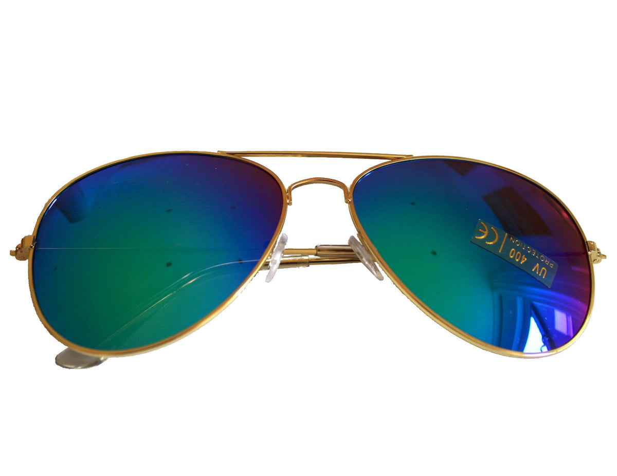 Goldene Piloten-Sonnenbrille mit grünblauen Spiegelgläsern