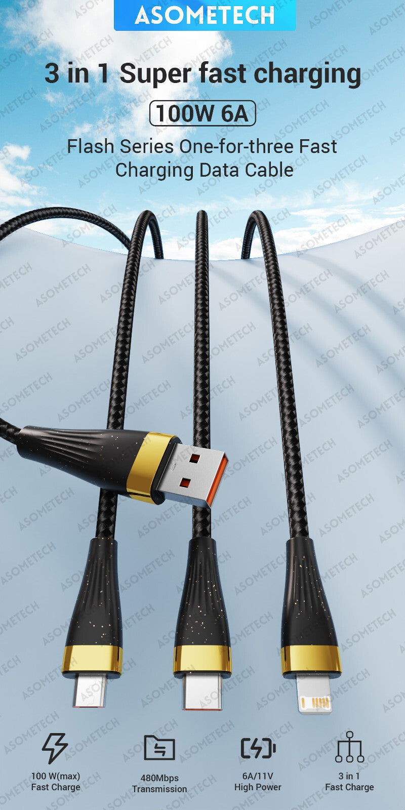 2m USB 100W Ladekabel Typ C Multi Micro Kabel Schnell Original Asometech - 3KShop.de