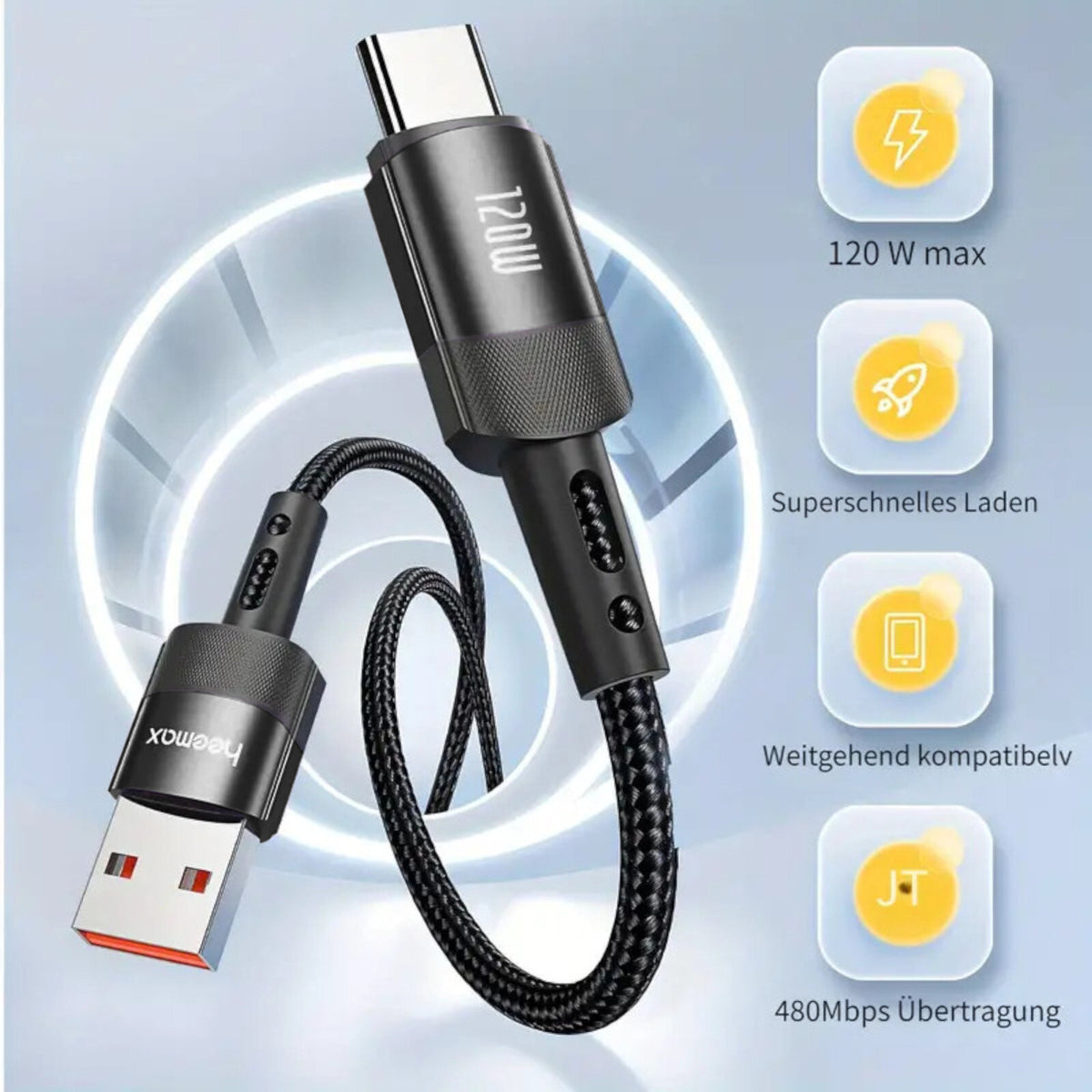 7A 120W 1m Heemax Schnell Ladekabel USB A zu Typ C Daten Handy Nylon schwarz - 3KShop.de