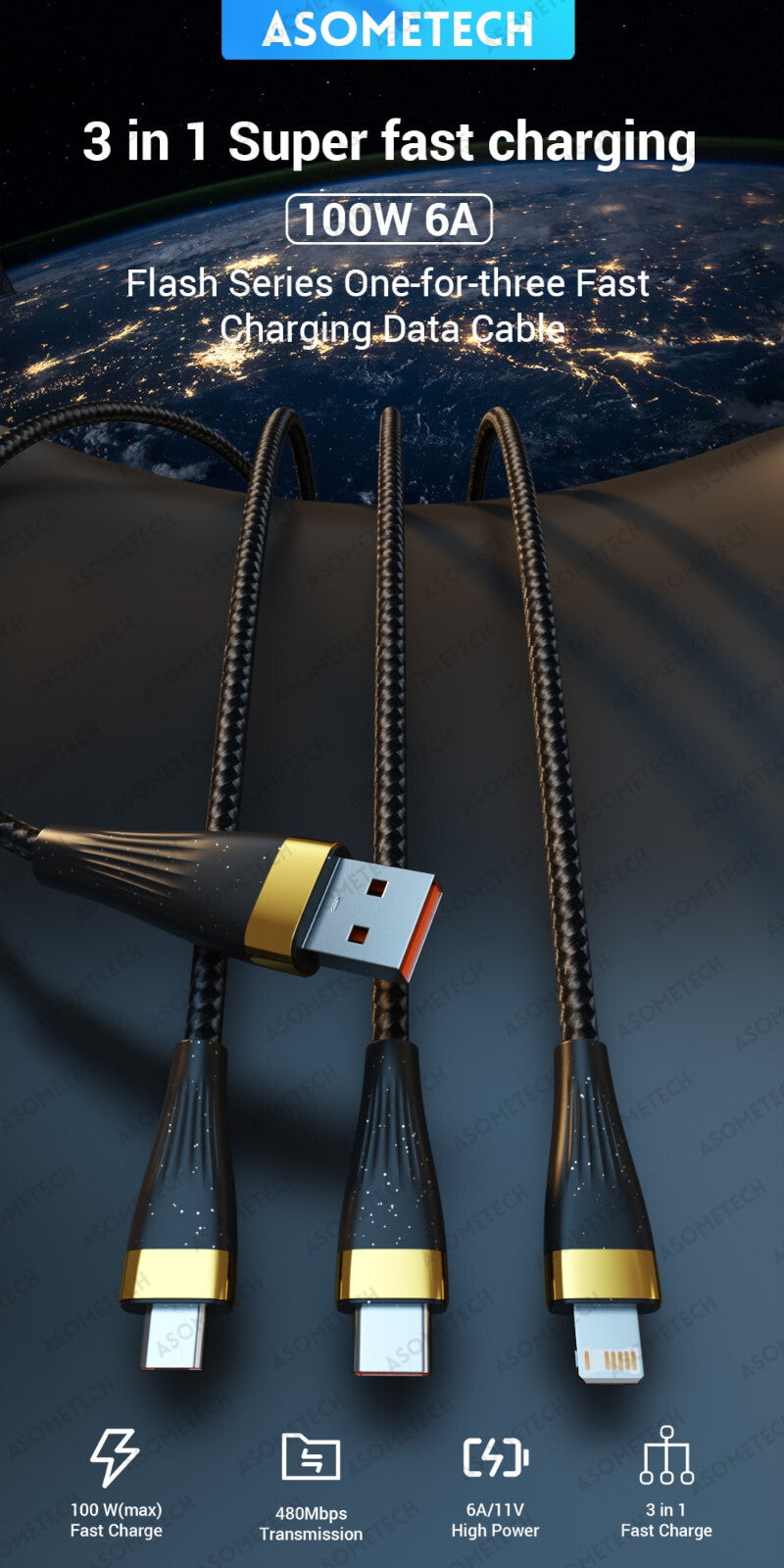 2m USB 100W Ladekabel Typ C Multi Micro Kabel Schnell Original Asometech - 3KShop.de