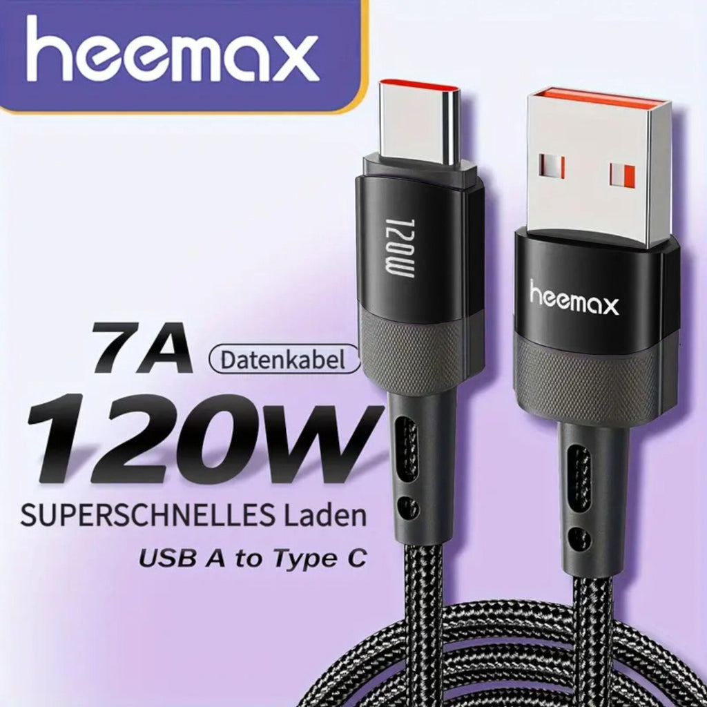 7A 120W 1m Heemax Schnell Ladekabel USB A zu Typ C Daten Handy Nylon schwarz - 3KShop.de