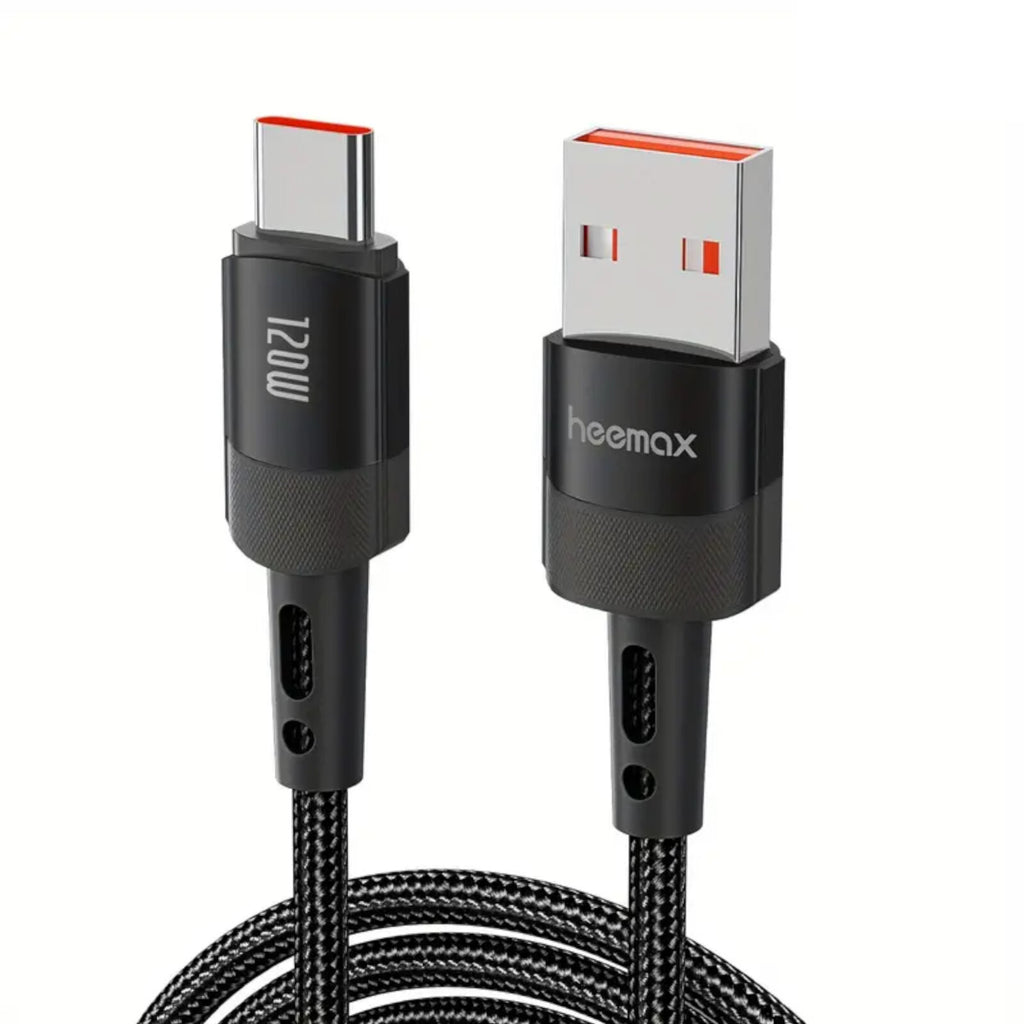 7A 120W 1m Heemax Schnell Ladekabel USB A zu Typ C Daten Handy Nylon schwarz - 3KShop.de