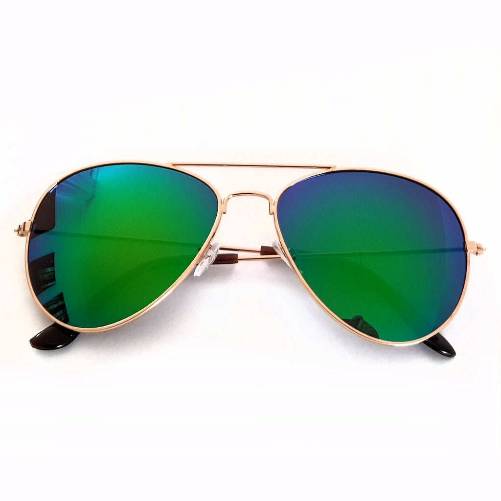 Rotgoldene Piloten-Sonnenbrille mit grün-blauen Spiegelgläsern