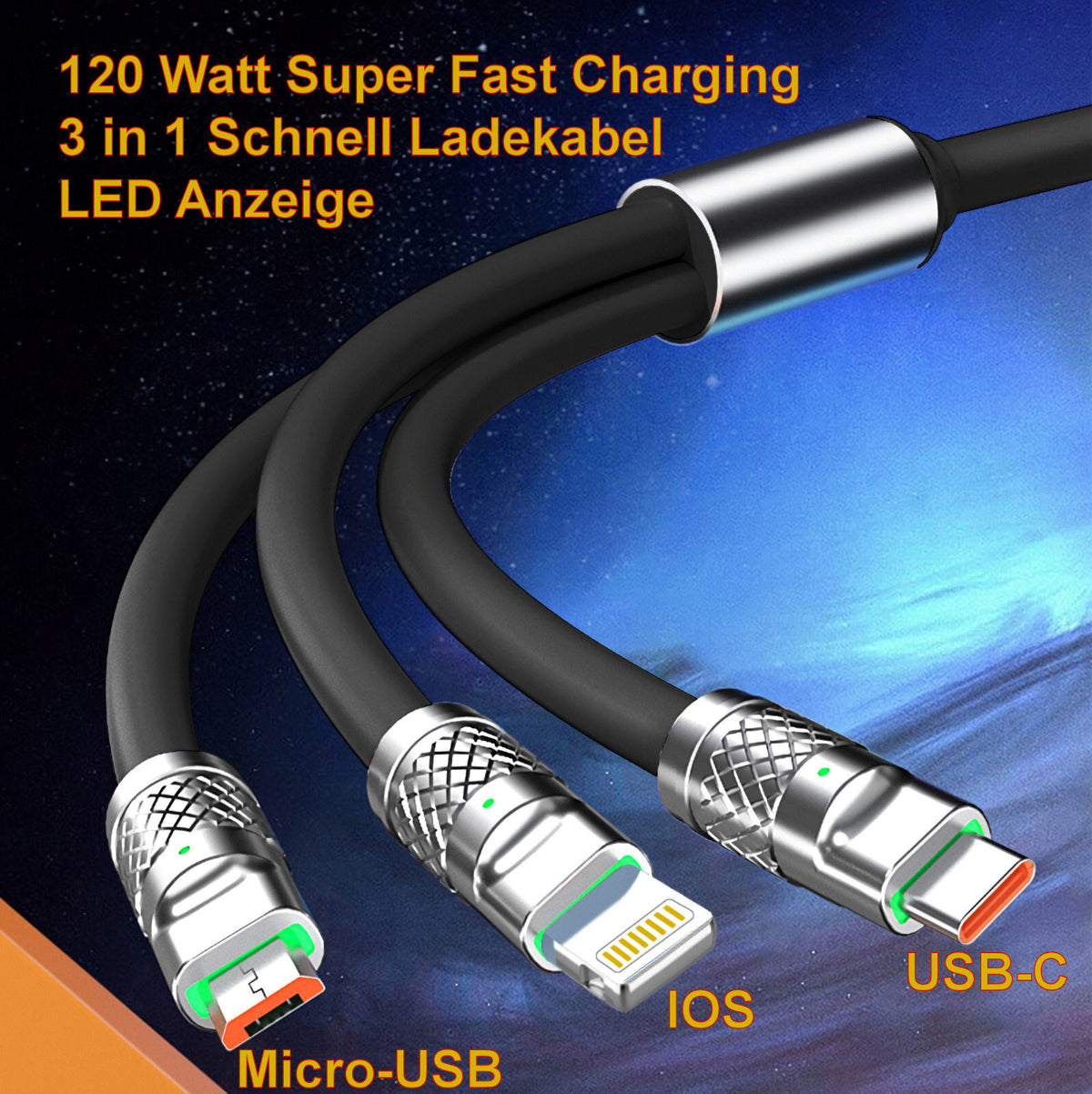 1,2m 3in1 USB Typ C, Micro USB, 6Pin Kabel Multi Micro Schnell Ladekabel schwarz - 3KShop.de