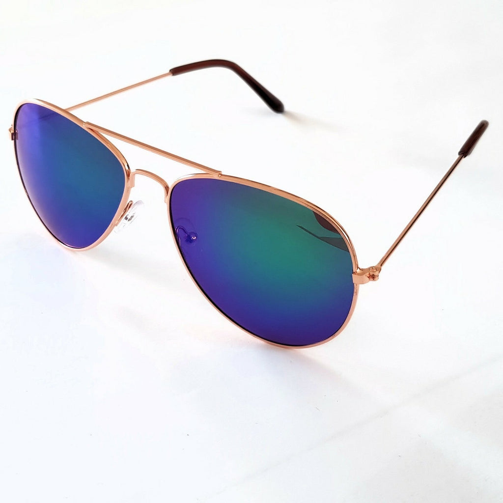 Rotgoldene Piloten-Sonnenbrille mit grün-blauen Spiegelgläsern