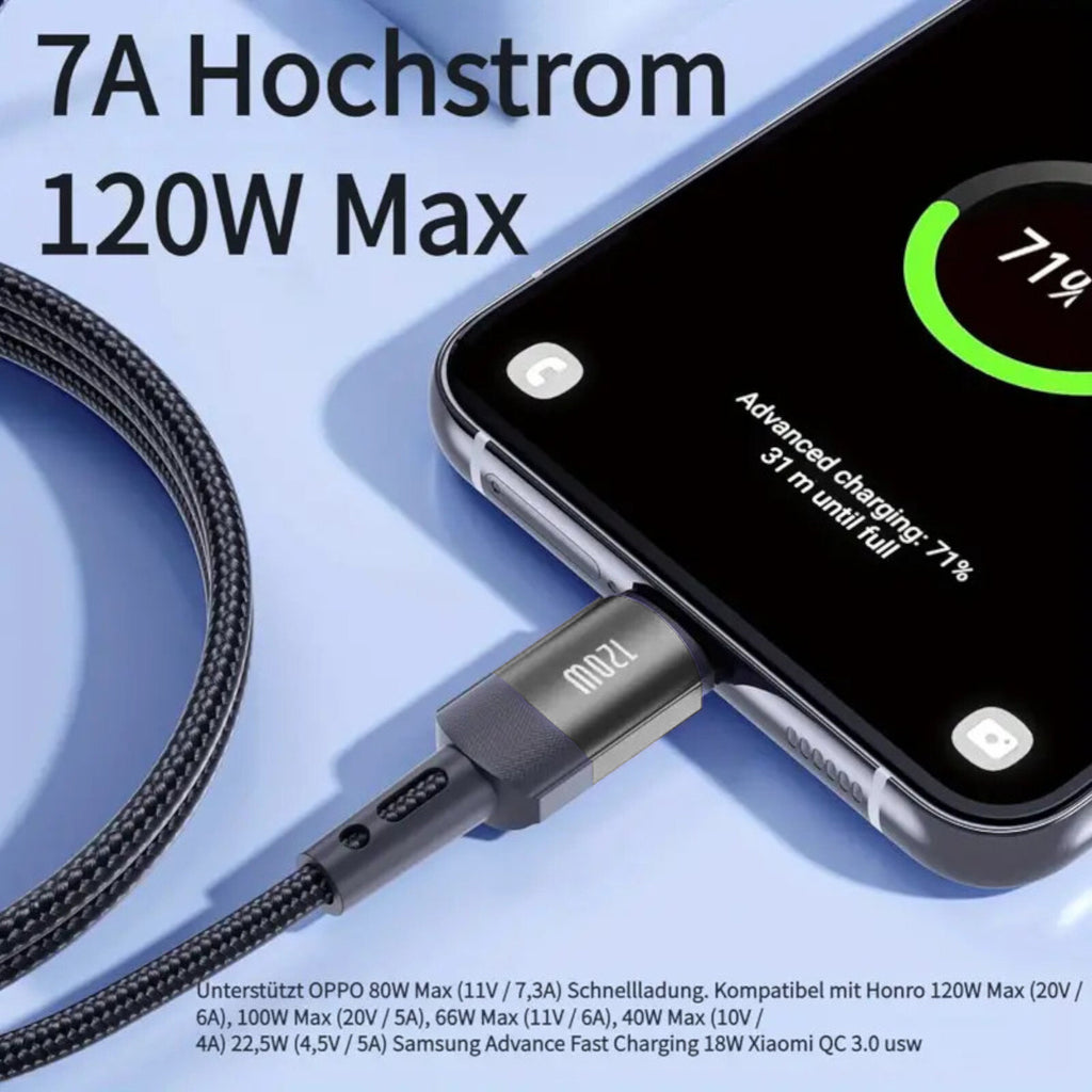 7A 120W 1m Heemax Schnell Ladekabel USB A zu Typ C Daten Handy Nylon schwarz - 3KShop.de