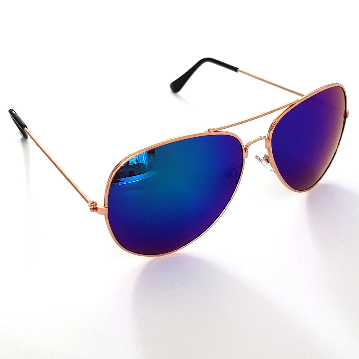 Kupferfarbene Piloten-Sonnenbrille mit blauen Spiegelgläsern