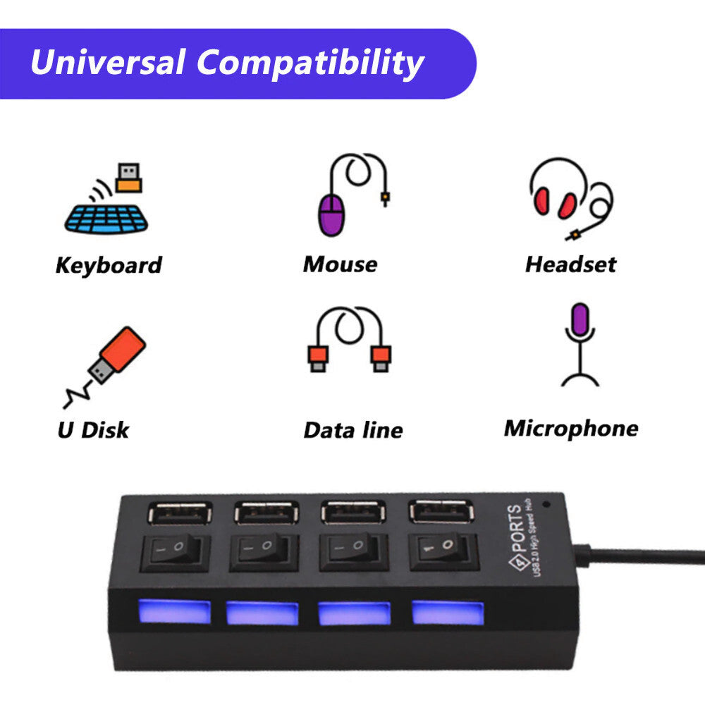 3K USB Hub 4 Port mit Einzelnen LED EIN - Ausschalter Extender für PC Laptop - 3KShop.de