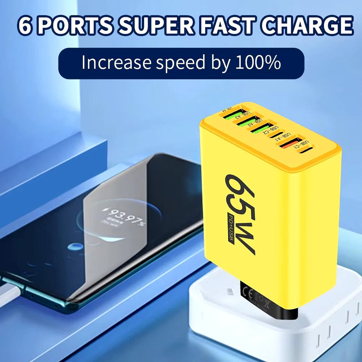 65-W-Schnellladegerät mit 6 USB-A- und USB-C-Ports