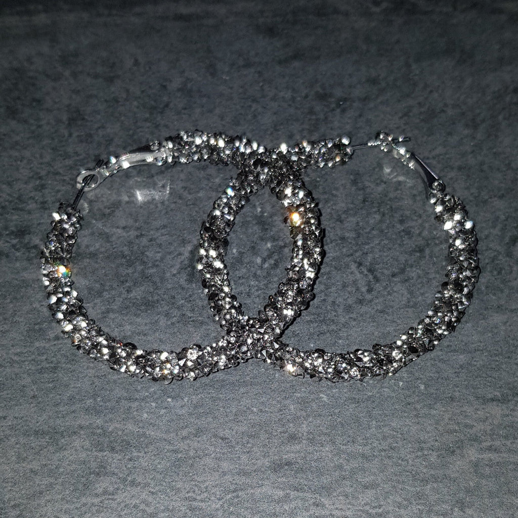 Schwarz-silberne Strass-Creolen aus Edelstahl