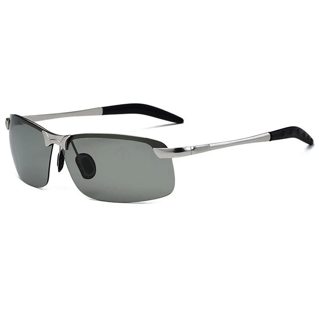 Silberne selbsttönende Matrix-Sonnenbrille mit Halbrand