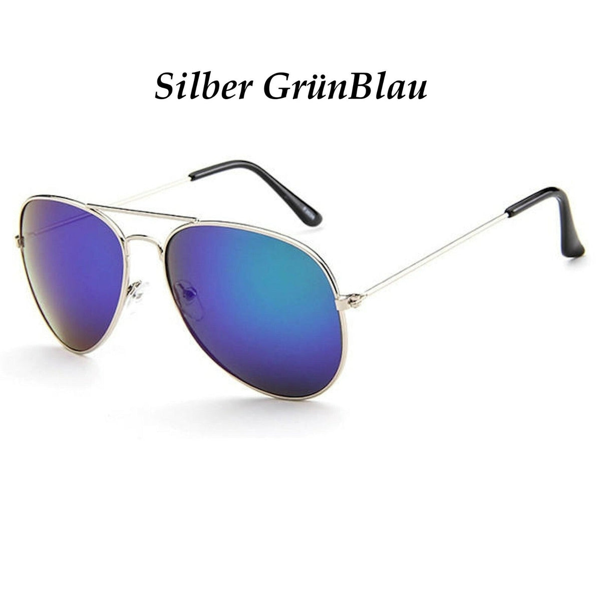 Silberne Piloten-Sonnenbrille mit grünblauen Spiegelgläsern