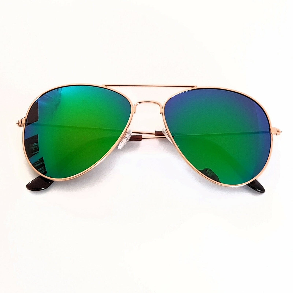Rotgoldene Piloten-Sonnenbrille mit grün-blauen Spiegelgläsern