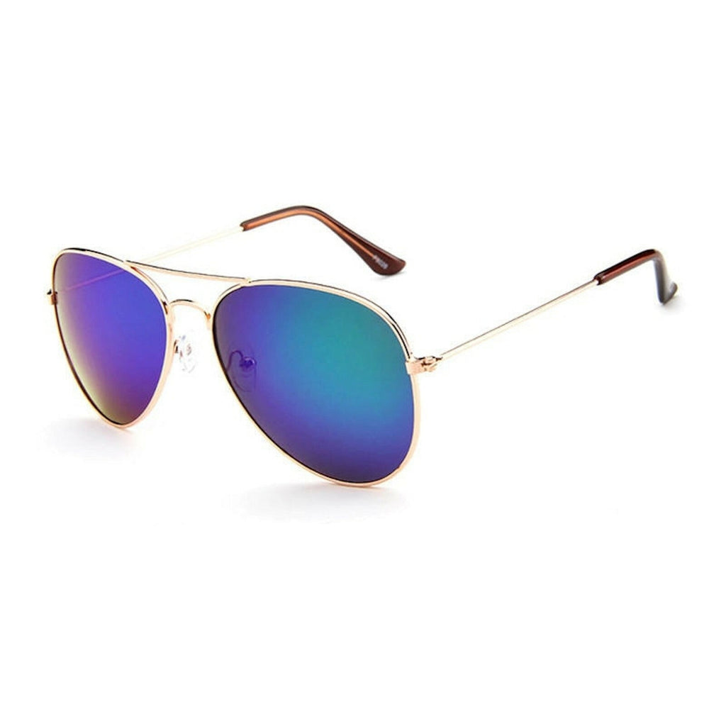 Goldene Piloten-Sonnenbrille mit grünblauen Spiegelgläsern