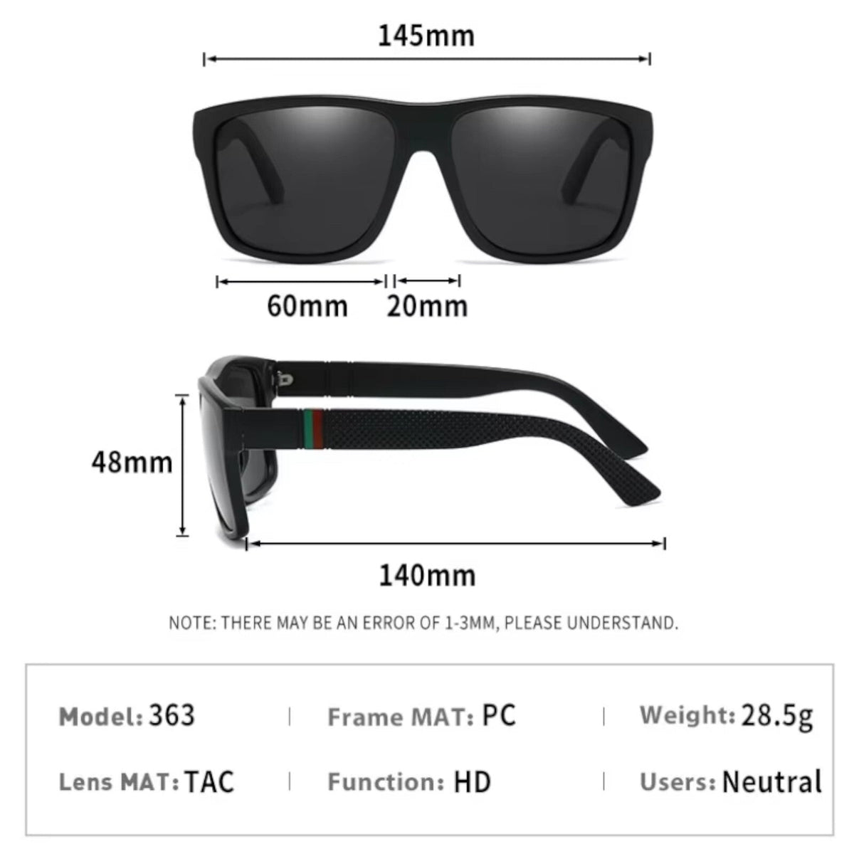Matt-schwarze polarisierte Sonnenbrille mit dunklen Gläsern
