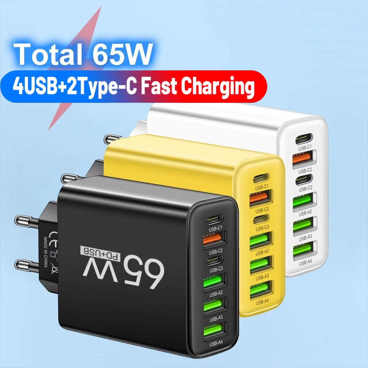 65-W-Schnellladegerät mit 6 USB-A- und USB-C-Ports